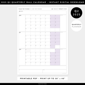 PRINTABLE Q2 (APRIL - JUNE) 2025 QUARTERLY WALL CALENDAR (PURPLE) - INSTANT PDF DOWNLOAD