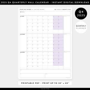 PRINTABLE Q4 (OCTOBER - DECEMBER) 2025 QUARTERLY WALL CALENDAR (PURPLE) - INSTANT PDF DOWNLOAD