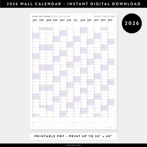 PRINTABLE VERTICAL 2026 WALL CALENDAR WITH PURPLE WEEKENDS - INSTANT DOWNLOAD