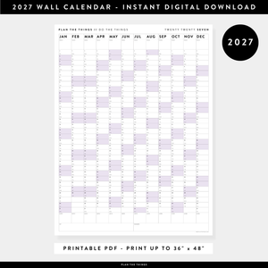 PRINTABLE VERTICAL 2027 WALL CALENDAR WITH PURPLE WEEKENDS - INSTANT DOWNLOAD