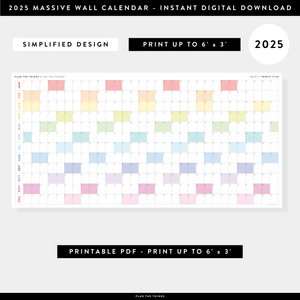 PRINTABLE 6' x 3' MASSIVE 2025 SIMPLIFIED WALL CALENDAR WITH RAINBOW WEEKENDS - INSTANT DOWNLOAD