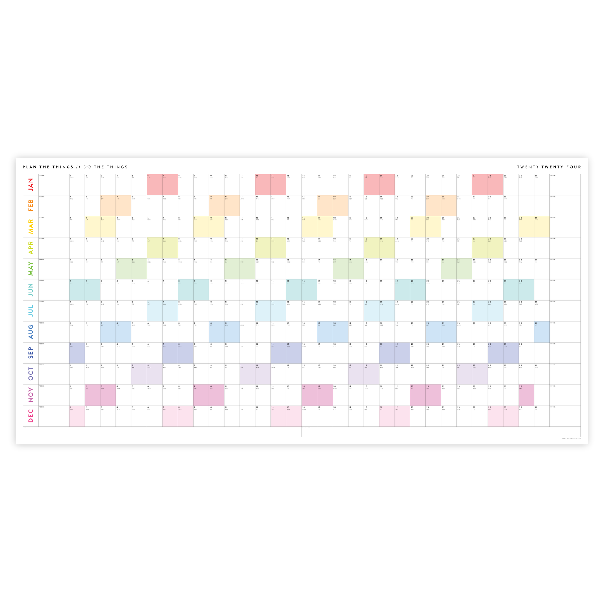 PRINTABLE 6' x 3' MASSIVE 2024 WALL CALENDAR WITH RAINBOW WEEKENDS - INSTANT DOWNLOAD