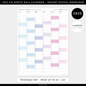 PRINTABLE SIX MONTH 2025 WALL CALENDAR (JULY TO DECEMBER) WITH RAINBOW WEEKENDS - INSTANT DOWNLOAD