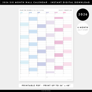 PRINTABLE SIX MONTH 2026 WALL CALENDAR (JULY TO DECEMBER) WITH RAINBOW WEEKENDS - INSTANT DOWNLOAD