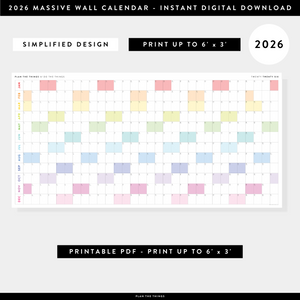 PRINTABLE 6' x 3' MASSIVE 2026 SIMPLIFIED WALL CALENDAR WITH RAINBOW WEEKENDS - INSTANT DOWNLOAD