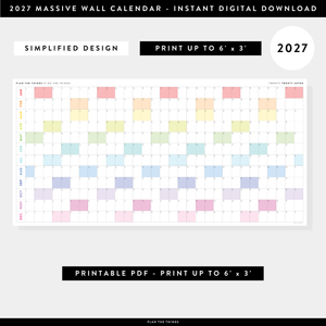 PRINTABLE 6' x 3' MASSIVE 2027 SIMPLIFIED WALL CALENDAR WITH RAINBOW WEEKENDS - INSTANT DOWNLOAD
