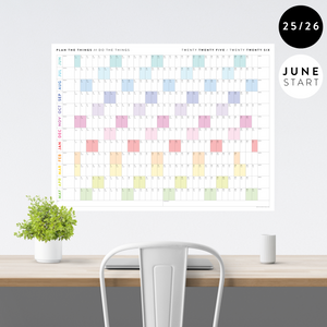 PRINTABLE 2025 - 2026 ACADEMIC WALL CALENDAR (JUNE START) | HORIZONTAL WITH RAINBOW WEEKENDS - INSTANT DOWNLOAD
