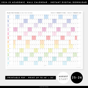 PRINTABLE 2025 - 2026 ACADEMIC WALL CALENDAR (AUGUST START) | HORIZONTAL WITH RAINBOW WEEKENDS - INSTANT DOWNLOAD