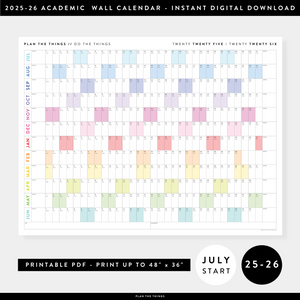 PRINTABLE 2025 - 2026 ACADEMIC WALL CALENDAR (JULY START) | HORIZONTAL WITH RAINBOW WEEKENDS - INSTANT DOWNLOAD