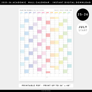 PRINTABLE 2025 - 2026 ACADEMIC WALL CALENDAR (JULY START) | VERTICAL WITH RAINBOW WEEKENDS - INSTANT DOWNLOAD