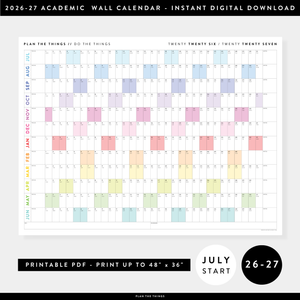 PRINTABLE 2026 - 2027 ACADEMIC WALL CALENDAR (JULY START) | HORIZONTAL WITH RAINBOW WEEKENDS - INSTANT DOWNLOAD