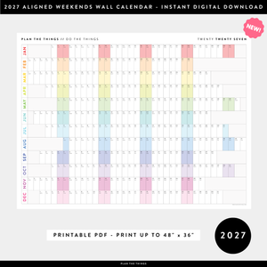 NEW! PRINTABLE 2027 HORIZONTAL WALL CALENDAR WITH ALIGNED WEEKENDS - INSTANT DOWNLOAD PRINT UP TO 48" x 36"