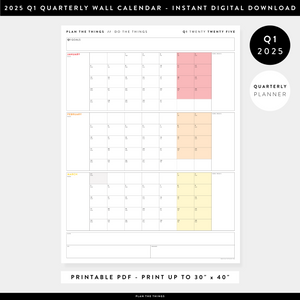 PRINTABLE Q1 (JANUARY - MARCH) 2025 QUARTERLY WALL CALENDAR (RAINBOW) - INSTANT DOWNLOAD