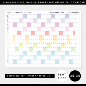 PRINTABLE 2025 - 2026 ACADEMIC WALL CALENDAR (SEPTEMBER START) | HORIZONTAL WITH RAINBOW WEEKENDS - INSTANT DOWNLOAD