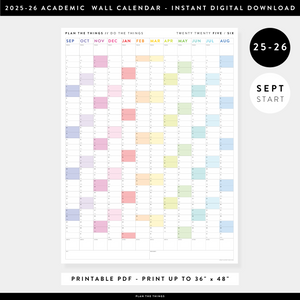 PRINTABLE 2025 - 2026 ACADEMIC WALL CALENDAR (SEPTEMBER START) | VERTICAL WITH RAINBOW WEEKENDS - INSTANT DOWNLOAD