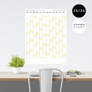 PRINTABLE 2025 - 2026 ACADEMIC WALL CALENDAR (SEPTEMBER START) | VERTICAL WITH YELLOW WEEKENDS - INSTANT DOWNLOAD