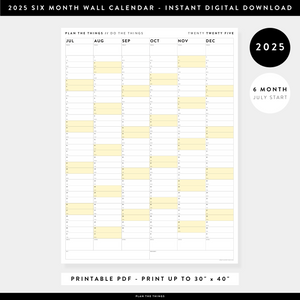 PRINTABLE SIX MONTH 2025 WALL CALENDAR (JULY TO DECEMBER) WITH YELLOW WEEKENDS - INSTANT DOWNLOAD