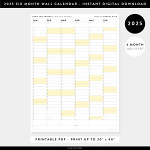 PRINTABLE SIX MONTH 2025 WALL CALENDAR (JANUARY TO JUNE) WITH YELLOW WEEKENDS - INSTANT DOWNLOAD