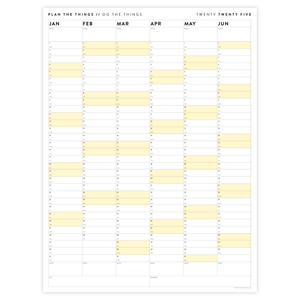 PRINTABLE SIX MONTH 2025 WALL CALENDAR (JANUARY TO JUNE) WITH YELLOW WEEKENDS - INSTANT DOWNLOAD