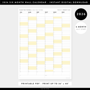 PRINTABLE SIX MONTH 2026 WALL CALENDAR (JULY TO DECEMBER) WITH YELLOW WEEKENDS - INSTANT DOWNLOAD