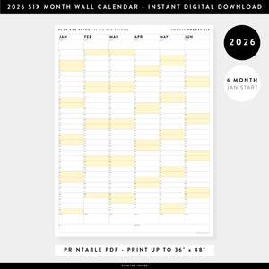 PRINTABLE SIX MONTH 2026 WALL CALENDAR (JANUARY TO JUNE) WITH YELLOW WEEKENDS - INSTANT DOWNLOAD