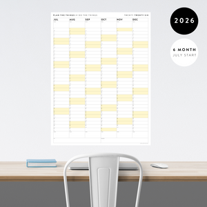 SIX MONTH 2026 GIANT WALL CALENDAR (JULY TO DECEMBER) WITH YELLOW WEEKENDS