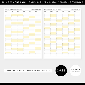 PRINTABLE SIX MONTH 2026 ACADEMIC YEAR WALL CALENDAR SET WITH YELLOW WEEKENDS - INSTANT DOWNLOAD