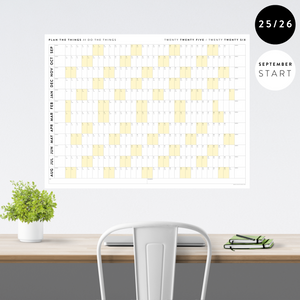 PRINTABLE 2025 - 2026 ACADEMIC WALL CALENDAR (SEPTEMBER START) | HORIZONTAL WITH YELLOW WEEKENDS - INSTANT DOWNLOAD