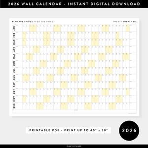 PRINTABLE 2026 HORIZONTAL WALL CALENDAR WITH YELLOW WEEKENDS - INSTANT DOWNLOAD