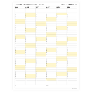 PRINTABLE SIX MONTH 2026 ACADEMIC YEAR WALL CALENDAR SET WITH YELLOW WEEKENDS - INSTANT DOWNLOAD