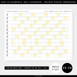 PRINTABLE 2025 - 2026 ACADEMIC WALL CALENDAR (JULY START) | HORIZONTAL WITH YELLOW WEEKENDS - INSTANT DOWNLOAD