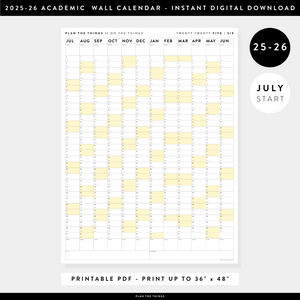 PRINTABLE 2025 - 2026 ACADEMIC WALL CALENDAR (JULY START) | VERTICAL WITH YELLOW WEEKENDS - INSTANT DOWNLOAD