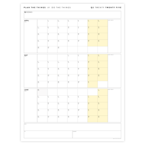 PRINTABLE Q2 (APRIL - JUNE) 2025 QUARTERLY WALL CALENDAR (YELLOW) - INSTANT PDF DOWNLOAD