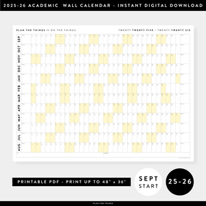PRINTABLE 2025 - 2026 ACADEMIC WALL CALENDAR (SEPTEMBER START) | HORIZONTAL WITH YELLOW WEEKENDS - INSTANT DOWNLOAD