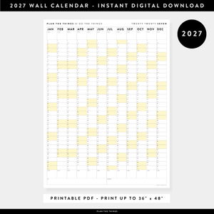 PRINTABLE VERTICAL 2027 WALL CALENDAR WITH YELLOW WEEKENDS - INSTANT DOWNLOAD