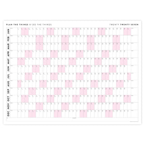 PRINTABLE 2027 Horizontal Wall Calendar | Digital PDF Instant Download | Minimalist Layout with Pink Weekends | Print Up to 48" x 36"