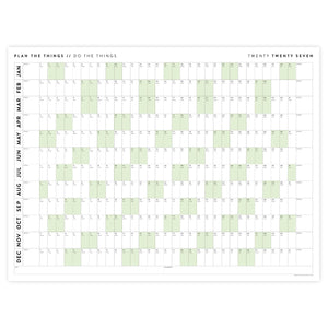 PRINTABLE 2027 Horizontal Wall Calendar | Digital PDF Instant Download | Minimalist Layout with Green Weekends | Print Up to 48" x 36"