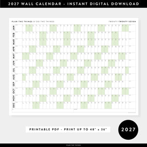 PRINTABLE 2027 Horizontal Wall Calendar | Digital PDF Instant Download | Minimalist Layout with Green Weekends | Print Up to 48" x 36"