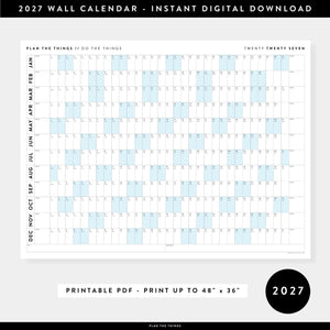 PRINTABLE 2027 Horizontal Wall Calendar | Digital PDF Instant Download | Minimalist Layout with Blue Weekends | Print Up to 48" x 36"