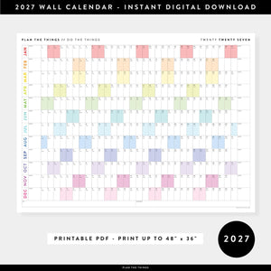 PRINTABLE 2027 Horizontal Wall Calendar | Digital PDF Instant Download | Minimalist Layout with Rainbow Weekends | Print Up to 48" x 36"