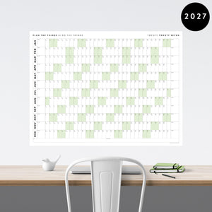 PRINTABLE 2027 Horizontal Wall Calendar | Digital PDF Instant Download | Minimalist Layout with Green Weekends | Print Up to 48" x 36"