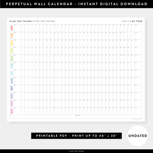 PRINTABLE UNDATED PERPETUAL WALL CALENDAR / BIRTHDAY CALENDAR (HORIZONTAL / RAINBOW) - INSTANT DOWNLOAD