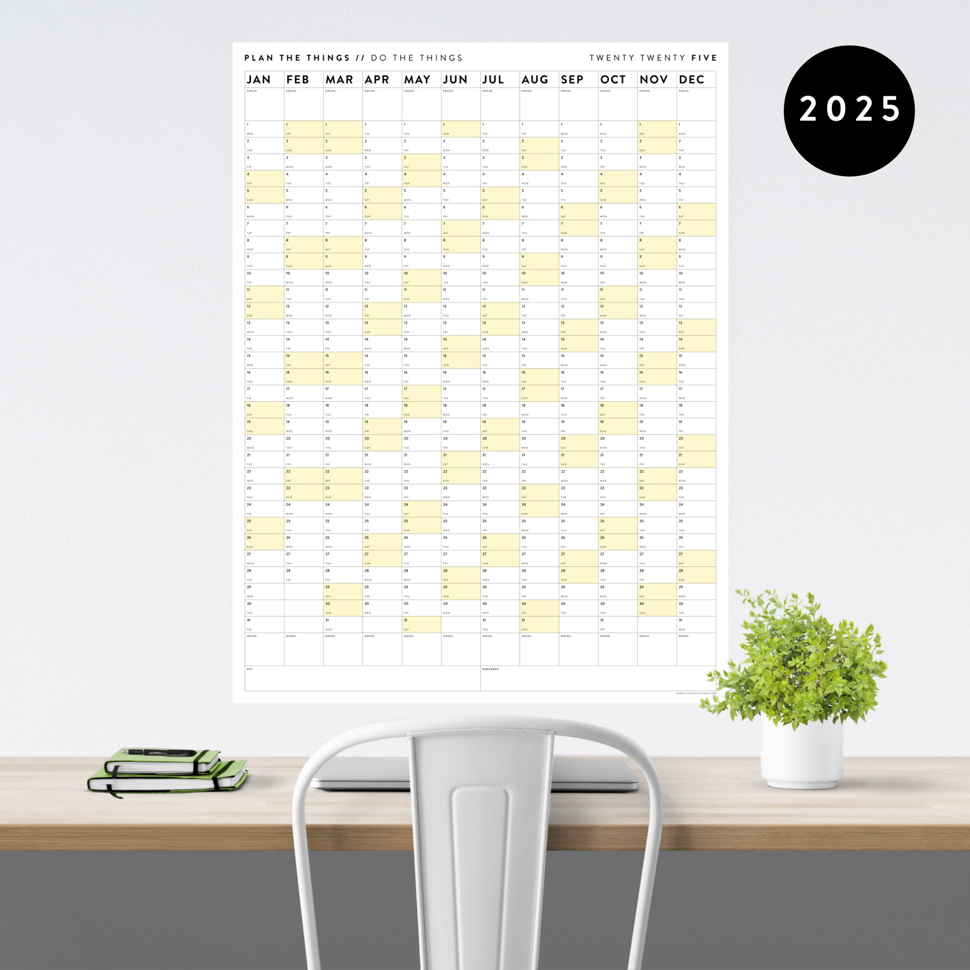 GIANT 2025 ANNUAL WALL CALENDAR | VERTICAL WITH YELLOW WEEKENDS