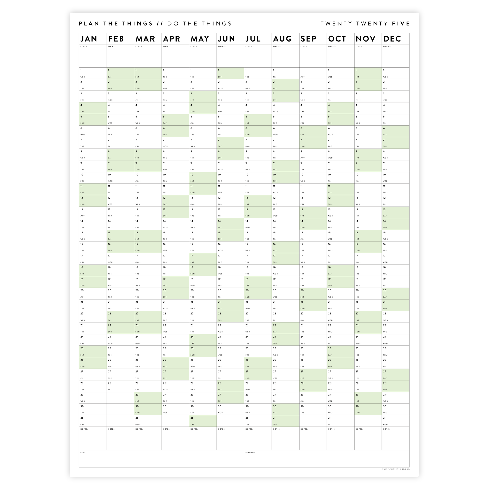 PRINTABLE VERTICAL 2025 WALL CALENDAR WITH GREEN WEEKENDS - INSTANT DOWNLOAD
