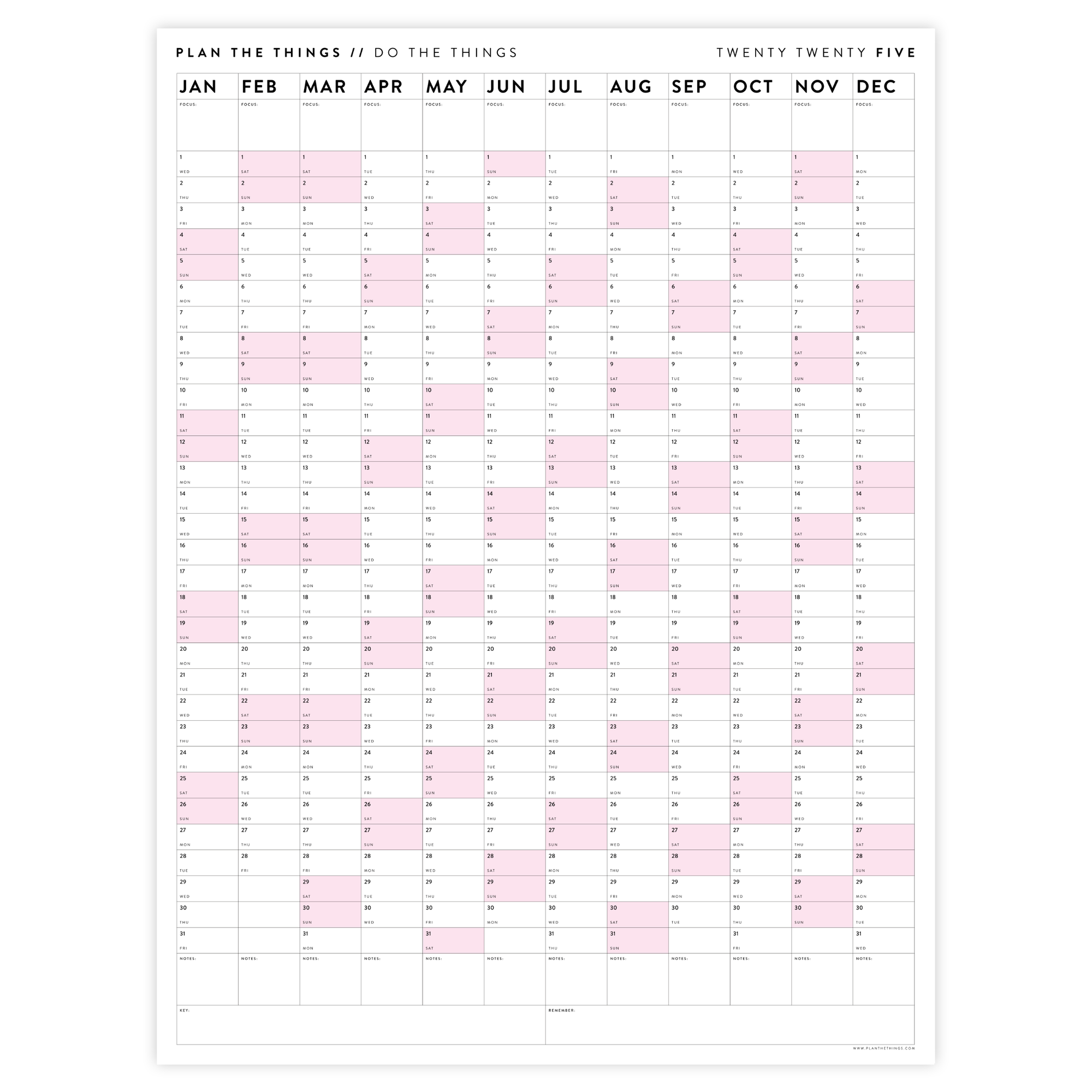 GIANT 2025 ANNUAL WALL CALENDAR | VERTICAL WITH PINK WEEKENDS