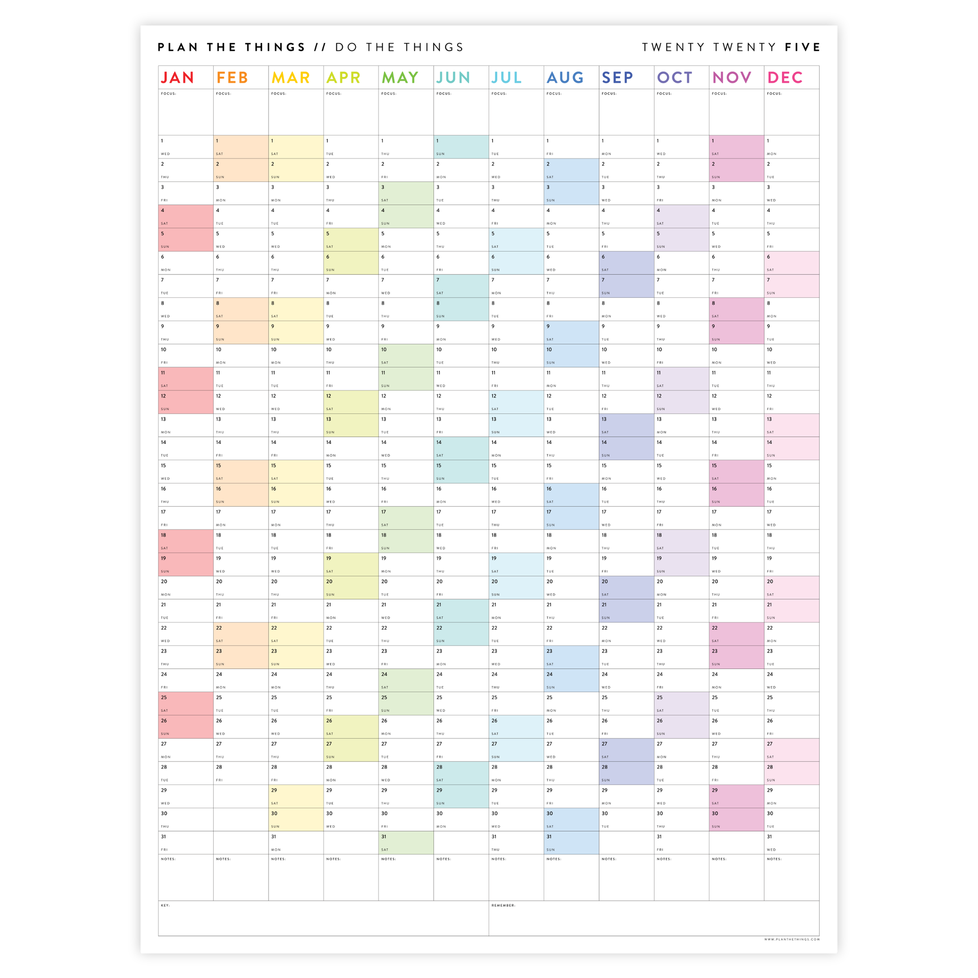 GIANT 2025 ANNUAL WALL CALENDAR | VERTICAL WITH RAINBOW WEEKENDS