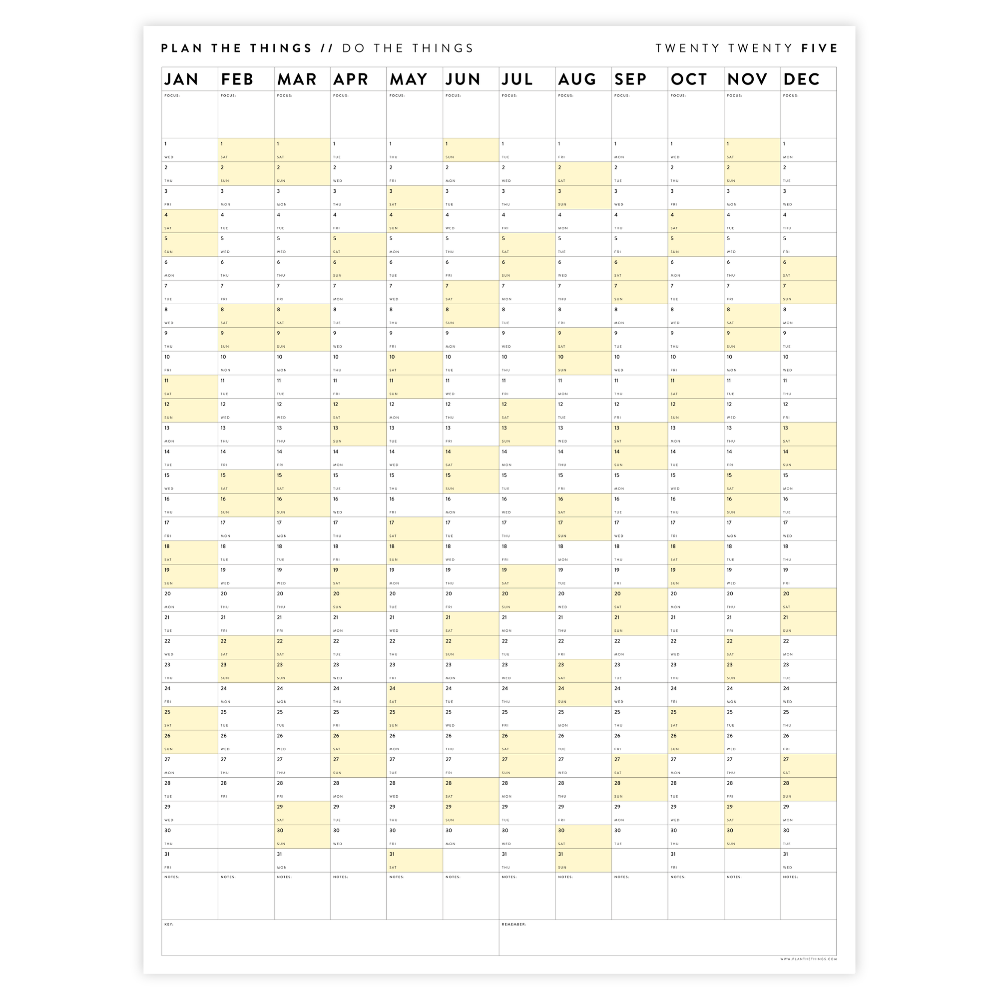 GIANT 2025 ANNUAL WALL CALENDAR | VERTICAL WITH YELLOW WEEKENDS