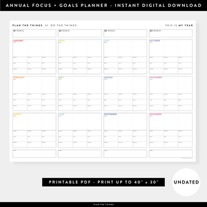 PRINTABLE UNDATED FOCUS AND GOALS ANNUAL WALL PLANNER (RAINBOW TEXT) - INSTANT DOWNLOAD