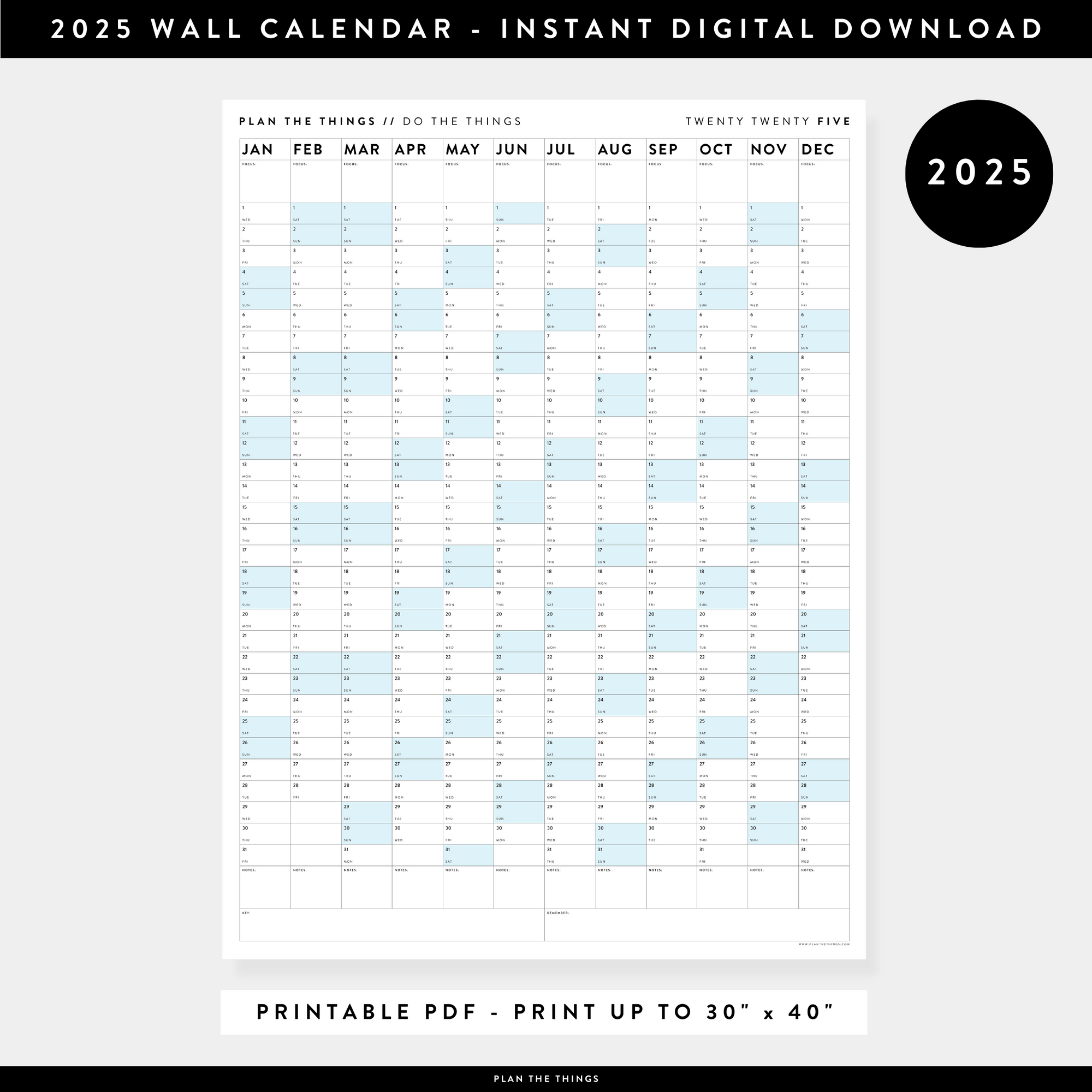 PRINTABLE VERTICAL 2025 WALL CALENDAR WITH BLUE WEEKENDS - INSTANT DOWNLOAD