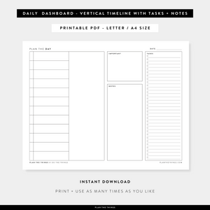 Daily Dashboard with Vertical Timeline - Undated Printable Planner Inserts (A4 + US Letter)
